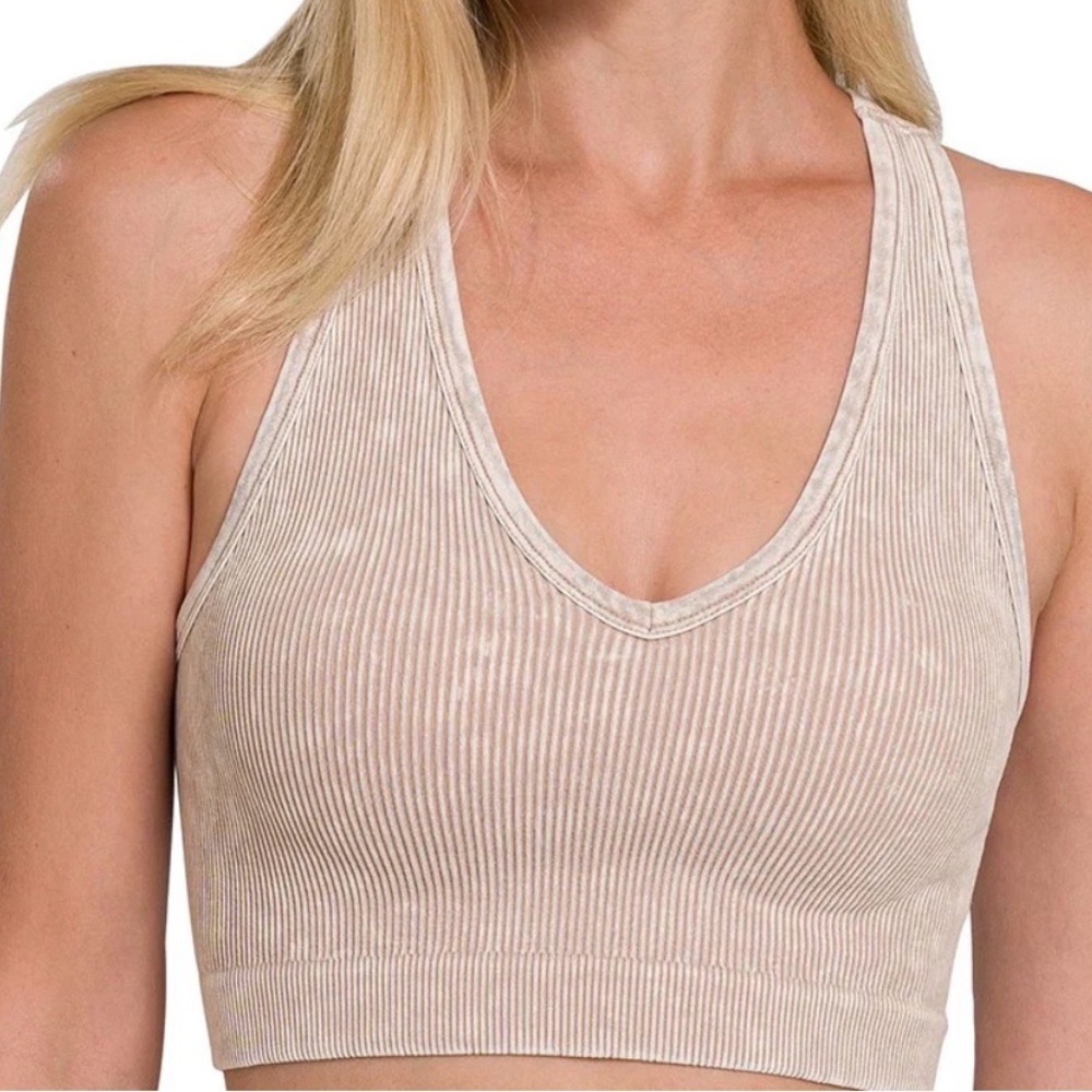 Zenana Ribbed Padded V-Neck Ash Mocha Brami NWT